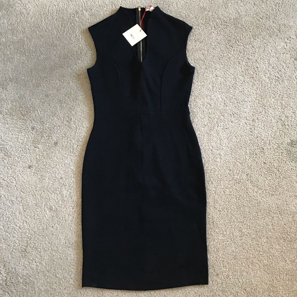 Black business work structured highneck midi dress